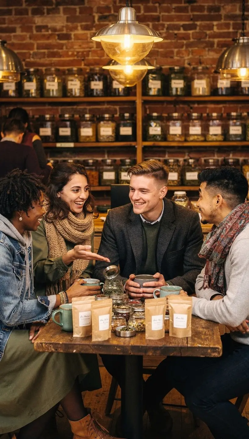 Žolelių arbatos paruošimo procesas su užrašais apie jos naudą ir sveikatos stiprinimą.