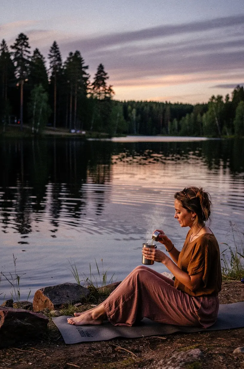 Žolelių arbatos puodelis šalia natūralių augalų ir mokomosios literatūros apie sveikatingumą.