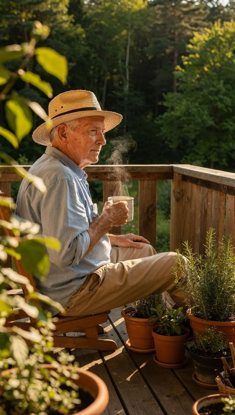Atpalaiduojantis rytas su žolelių arbatos puodeliu ir knyga, skatinantis kasdienę ramybę.